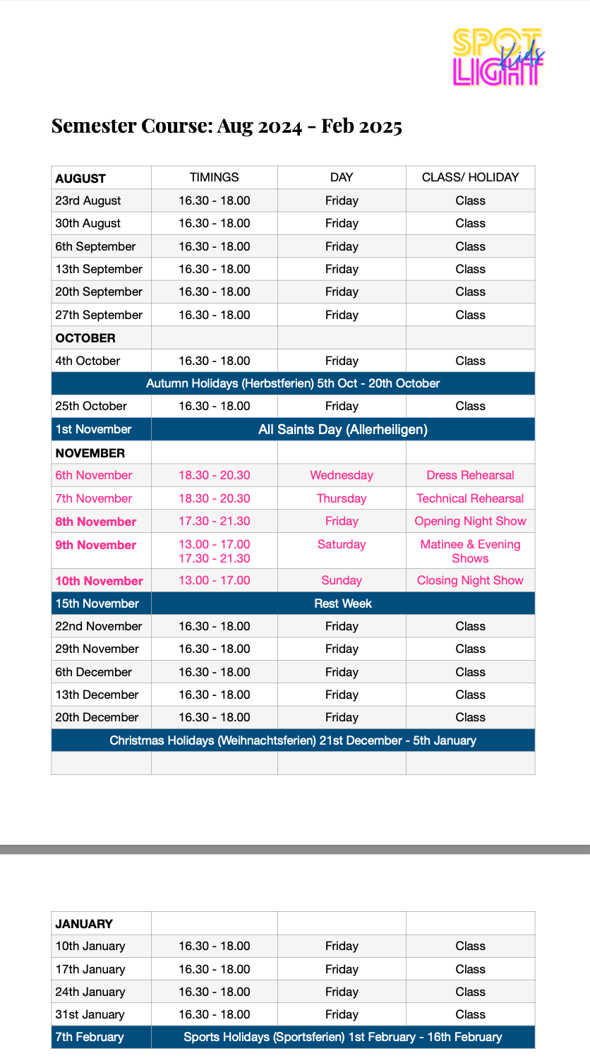 Course Schedule - Spotlight Kids Zug aug 2024/ Feb 2025